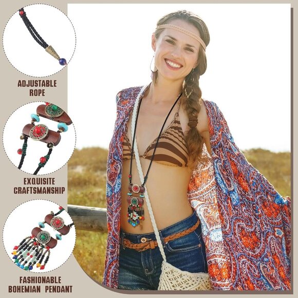 6 Pcs Boho Long Necklaces for Women Vintage Wooden Necklace Handmade Retro Nepal - Picture 5 of 6